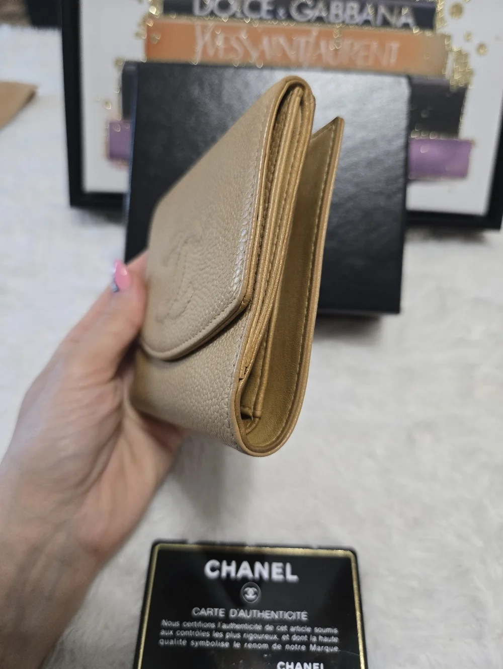Chanel Caviar Leather Compact Beige Wallet EUC